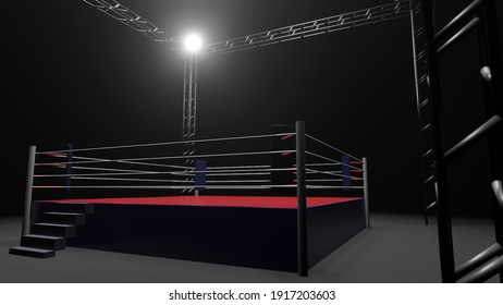 3D boxer arena. Isolated empty boxing ring with light. 3D rendering. Boxing ring with illuminated spotlights. Background