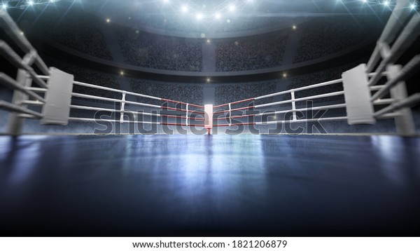 3D boxer\
arena with viewers. Empty boxing ring under lights. Full tribune.\
Wide angle. 3D rendering.\
Background