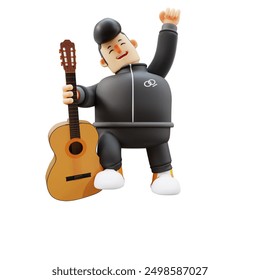 3D boy. Cheerful character with guitar cheers the audience by raising his hands. Cartoon playing guitar - Powered by Shutterstock