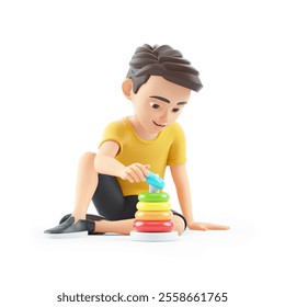 3d boy playing with ring stacker toy, illustration isolated on white background