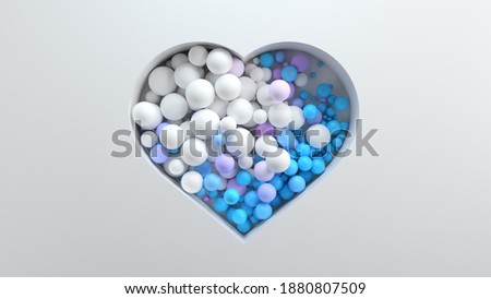 3d bright render background with cut out shape filled with colored spheres. Bright positive concept. Heart shape.