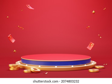 3d Broadway Style Round Podium With Gold Coins And Red Envelopes. Asian Holiday Theme Background For Product Display