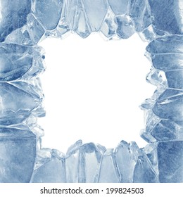 3d Broken Blue Ice Background, Square Hole, Frame