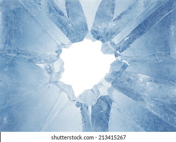 3d Broken Blue Ice Background, Arctic Broken Hole, Frozen Frame