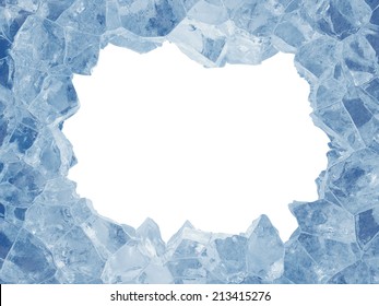 3d Broken Blue Ice Background, Rectangle Hole, Frame