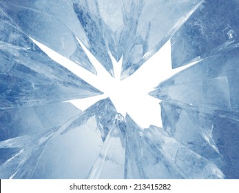 3d Broken Blue Ice Background, Arctic Broken Hole, Frozen Frame