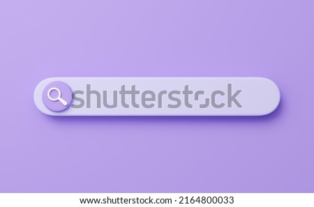 3D Browser search. Empty web tab for text, magnifying glass isolated on purple background. Search bar, find, discovery, research concept. Cartoon icon minimal style. UI element. 3d render illustration