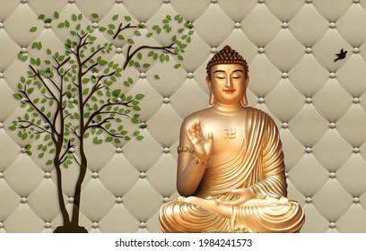3d buddha wallpaper beautiful tree with cushion background