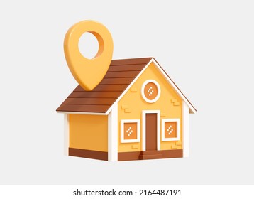 3D Building House With Pin Location. Real Estate And Point Marker. Home Delivery. GPS Navigation. Yellow Minimal House. Cartoon Creative Design Icon Isolated On White Background. 3D Rendering