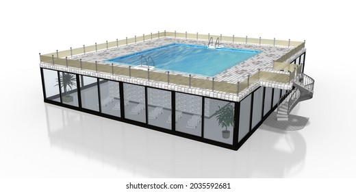 3d Building With Rooftop Pool With Spa, And Sun Beds, Isolated