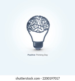 3d Bulb And 3d Brain Outline Drawing Represent Postive Thinking Day. 3d Illustration.