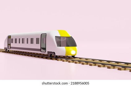 3d Bullet Train Cartoon With Railroad Tracks, Sky Train Transport Toy, Summer Travel Service, Planning Traveler Tourism Train Isolated On Pink Background. 3d Render Illustration