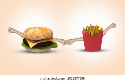 The 3d burger and 3d french fries are holding hands, it's look likes a metaphor and it's represent Happy Friendship Day. - Powered by Shutterstock