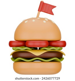3d burger. Front view 3d render illustration isolated on white background with food theme.