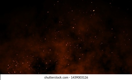 3D Burning Embers Glowing. Fire Glowing Particles On Black Background