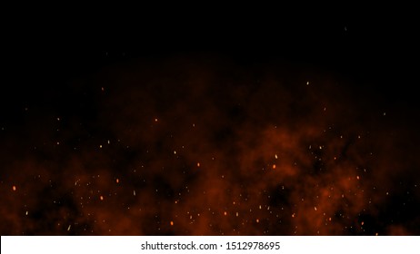 3D Burning Embers Glowing. Fire Glowing Particles On Black Background