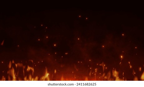 3D Burning embers glowing. Fire Glowing Particles on Black Background. 3d illustration