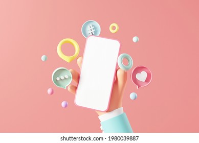 3d Business Hand Holding Blank Mobile Phone With Love Like Comment Hashtag Button On Pink Background, 3d Illustration. Social Media Marketing Concept