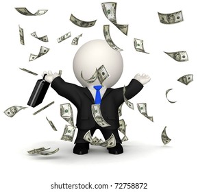3D business man under a dollar rain - isolated over a white background