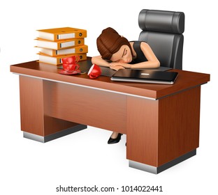 3d business people illustration. Businesswoman sleeping in her office. Long working day. Isolated white background.