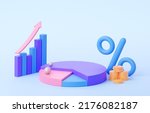 3D Business podium with graphics and statistics, coins and a percentage. 3d render