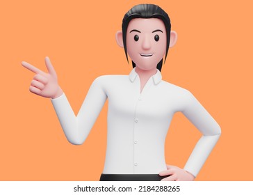 3d Business Woman Pointing Gun Finger To The Left And One Hand On Waist, 3d Illustration Of A Business Woman In White Shirt Pointing