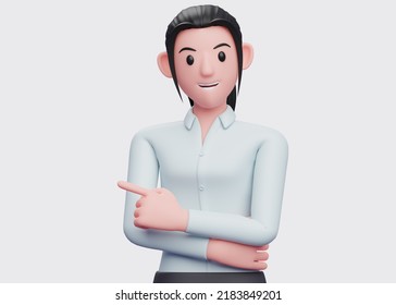 3d Business Woman Pointing Left With Index Finger And Holding One Hand Crossed On Chest, 3D Render Business Woman Character Illustration