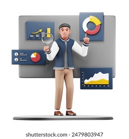 3D Businessman Analyzing Data. Modern Cartoon Character Illustration for Business and Corporate Projects
