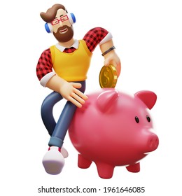 3D Businessman Cartoon Illustration with a big pig saving
