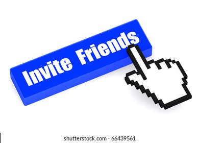 3d Button Invite Friends With Hand Cursor On White Isolated Background