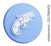 3D button rendering of emergency signal gun. Weapon to launch signal projectiles. Realistic blue white illustration isolated on white background