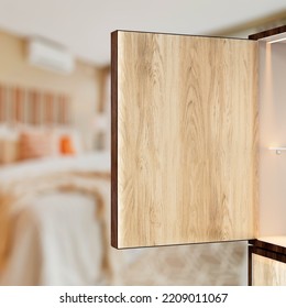 3d cabinet open door in bedroom wardrobe cupboard modern wooden dark color light combination furniture mockup copy space empty area stylish upper part minimalist interior design glass selves render    - Powered by Shutterstock