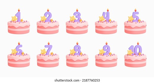 3D Cake Collection Set With Candle Numbers. Happy Birthday Surprise. Pink Cake Emoji. Anniversary Party. Pastel Color. Cartoon Creative Design Icon Isolated On White Background. 3D Rendering