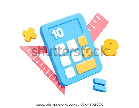 3D Calculator and basic math operation symbols. Mathematician training. School education concept. Plus and equal symbols. Cartoon creative design icon isolated on white background. 3D Rendering