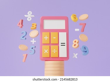 3D calculator with coins and basic math operation symbols math, plus, minus, multiplication, number divide, Mathematic calculate Finance education concept. minimal cartoon. 3d render