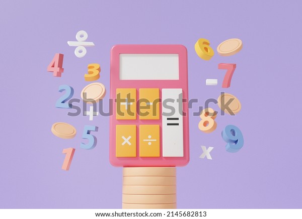 3D\
calculator with coins and basic math operation symbols math, plus,\
minus, multiplication, number divide, Mathematic calculate Finance\
education concept. minimal cartoon. 3d\
render