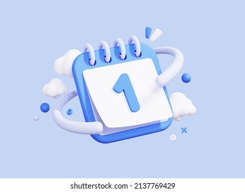 3D Calendar with 1 date number. Minimal creative design. September 1st on the page. Back to school. First Birthday. Day of month. Cartoon icon isolated on blue background. 3D Rendering