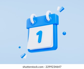 3D Calendar with 1 date number. Minimal creative design. First Birthday. First day of month. Cartoon icon isolated on blue background. Cartoon icon isolated on blue background. 3D Rendering. - Powered by Shutterstock