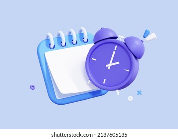 3D Calendar And Alarm Clock. Planning Concept. Office Work And Deadline. Event Agenda. Time To Plan. Business Meeting. Cartoon Design Icon Isolated On Blue Background. 3D Rendering