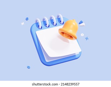 3D Calendar with Bell notification. Event reminder. Minimal creative design. White paper with empty copy space for text or date. Plan concept. Cartoon icon isolated on blue background. 3D Rendering - Powered by Shutterstock