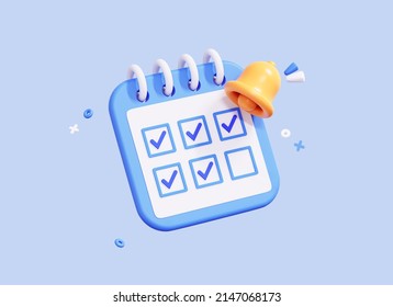 3D Calendar with check mark in date and bell notification. Meeting reminder planner. Daily work done with tick. Mark every day. Cartoon creative icon design isolated on blue background. 3D Rendering