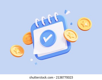 3D Calendar With Coin And Check Mark. Completed Money Transfer. Time To Pay. Successful Payment. Tax Day. Fast Money Concept. Creative Design Icon Isolated On Blue Background. 3D Rendering