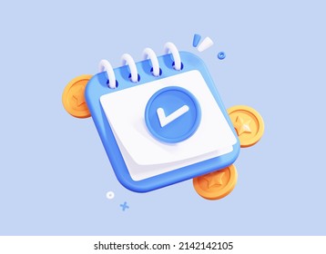 3D Calendar With Coin And Check Mark. Completed Money Transfer. Time To Pay. Successful Payment. Tax Day. Fast Money Concept. Creative Design Icon Isolated On Blue Background. 3D Rendering