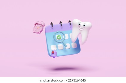 3d calendar with dental molar teeth model, clock, checkmark icons, marked date, notification bell isolated on pink. health of white teeth, dental examination of the dentist, 3d render illustration  - Powered by Shutterstock