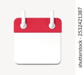 3D calendar icon with red top and white base. Minimalist calendar design, perfect for scheduling and planning. Simple calendar graphic for reminders. Cute 3D calendar illustration.