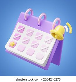 3D Calendar Notification Icon. Purple Calender With Check Mark In Date, Bell Floating On Blue. Star Day For Event, Holiday Plan, Business Reminder Concept. 3d Render Cartoon Icon Smooth. Clipping Path