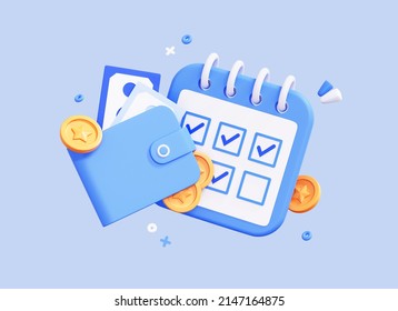 3D Calendar with Wallet and Money Coin. Check in every day and get bonus and cash prize. Salary schedule. Plan payment concept. Cartoon creative icon design isolated on blue background. 3D Rendering