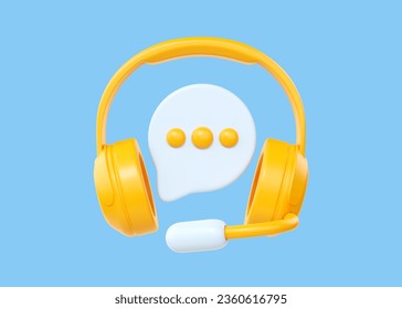 3d call center support service icon, headset with microphone render illustration for customer help. Online bot operator concept with white mic and message box isolated on blue. 3D Illustration - Powered by Shutterstock