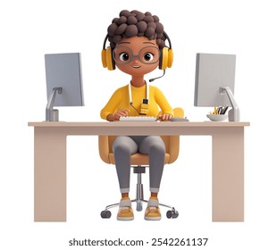 3D call center worker sitting at a desk with white background. Black women working at a desk with computer and headset. 3d office phone call - Powered by Shutterstock