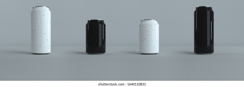 3D Can Mockup. Aluminium Beer, Coke And Slim Soda Can Mock Up Blank Template. 3D Rendering. 2 Differnt Size And Colors. Cans With Water Condensation. Isolated White And Black Empty Mockup Models.